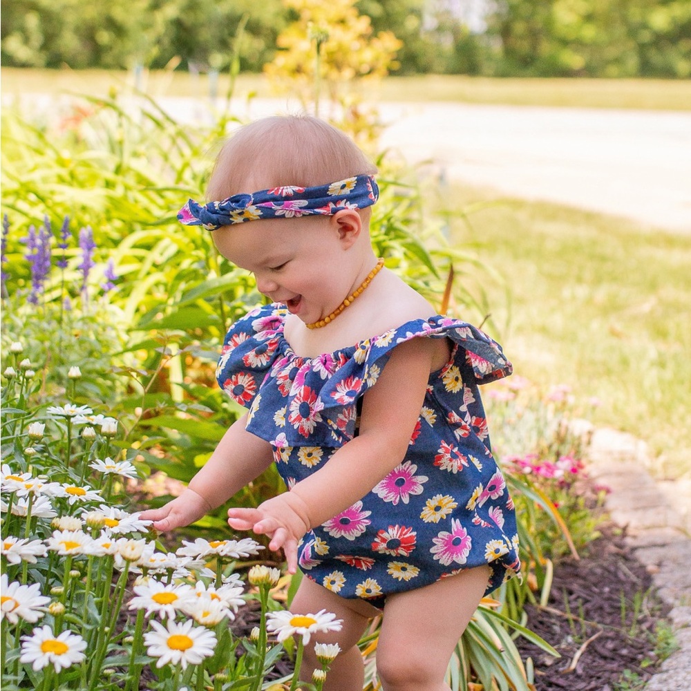 Easter Floral Off-Shoulder Romper & Headwrap and bunny headband denim 100% cotto